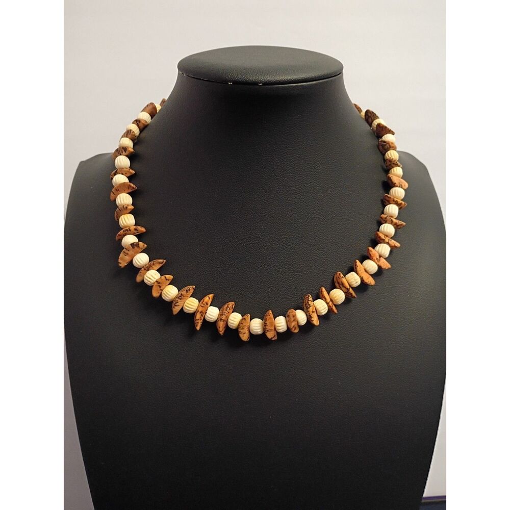 Handcrafted Beaded Collar Necklace Cream colored Spheres and Brown Oblong beads